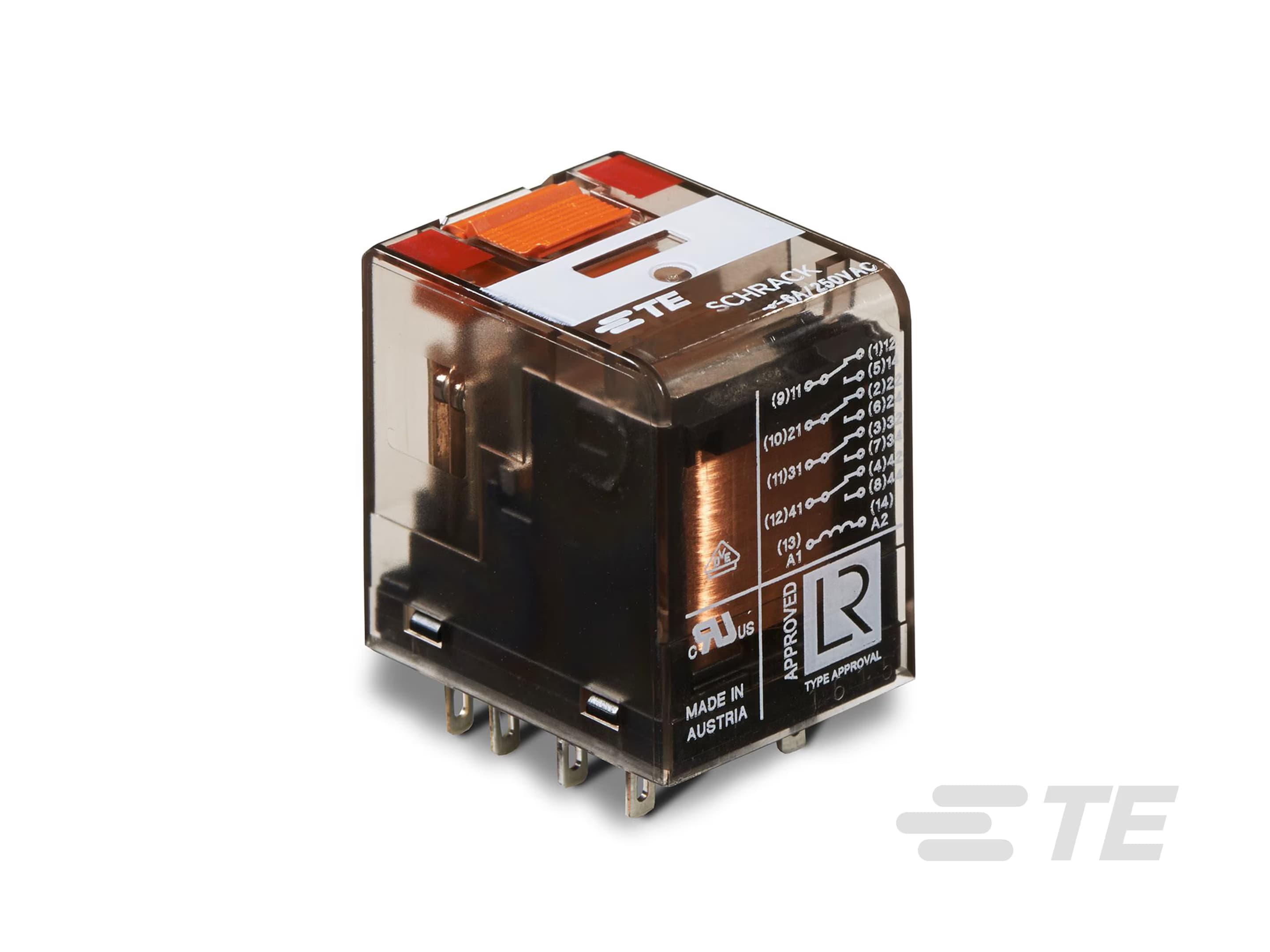 Relais embrochable 14 BROCHES 4 RT 7A 24V AC + Bouton test + Indicateur mécanique — TE Connectivity (Schrack)