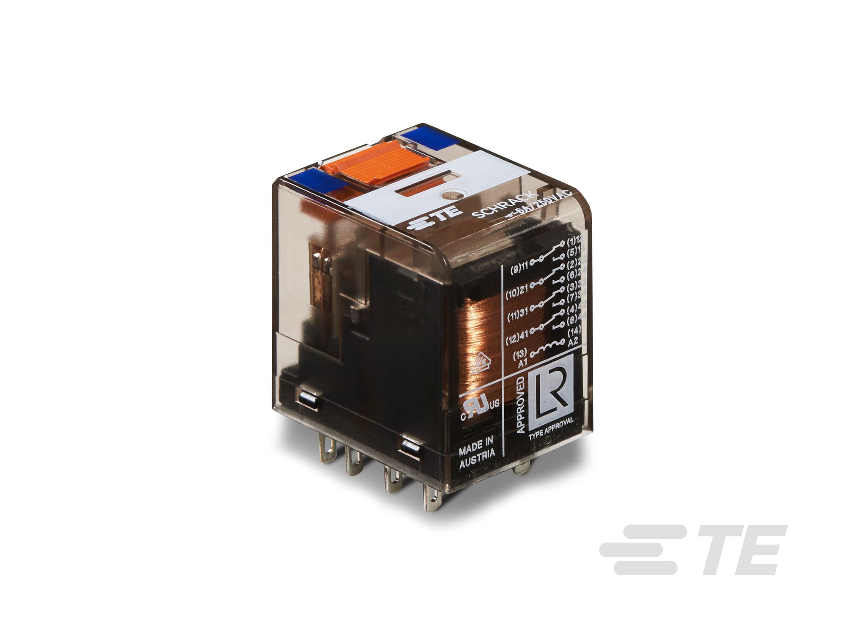 Relais embrochable 14 BROCHES 4 RT 7A 24V DC + Bouton test + Indicateur mécanique — TE Connectivity (Schrack)