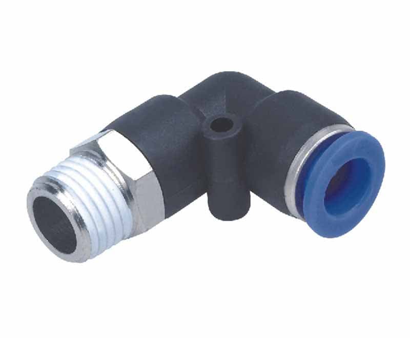 Raccord pneumatique coudé mâle instantané, corps noir et bague bleue